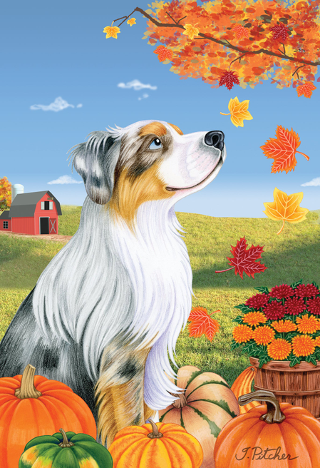 Australian Shepherd  Blue Merle - Tomoyo Pitcher Autumn Leaves Outdoor Flag