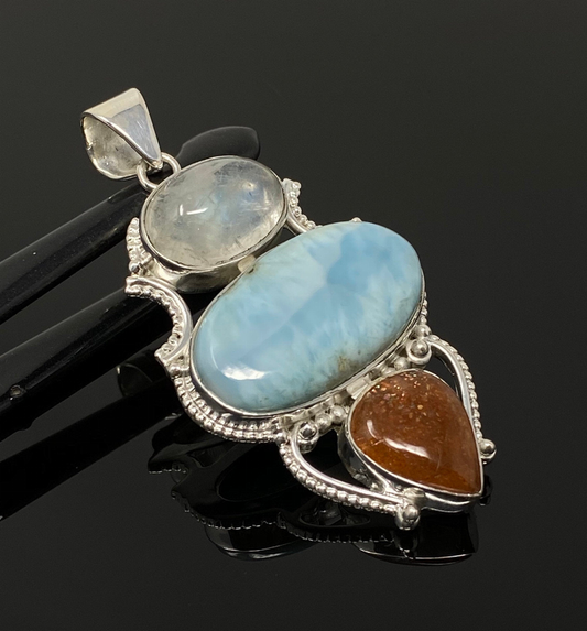 Larimar Gemstone Pendant with Aquamarine and Sunstone, Wire Wrapped Pendant, Silver Jewelry Gifts for Her, Bohemian Jewelry