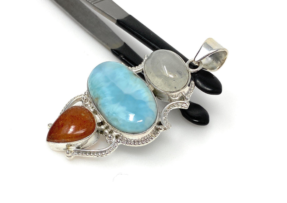 Larimar Gemstone Pendant with Aquamarine and Sunstone, Wire Wrapped Pendant, Silver Jewelry Gifts for Her, Bohemian Jewelry