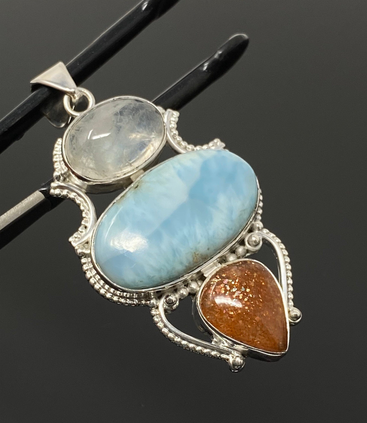 Larimar Gemstone Pendant with Aquamarine and Sunstone, Wire Wrapped Pendant, Silver Jewelry Gifts for Her, Bohemian Jewelry