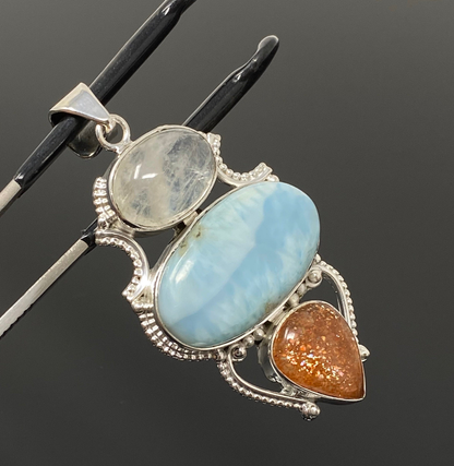 Larimar Gemstone Pendant with Aquamarine and Sunstone, Wire Wrapped Pendant, Silver Jewelry Gifts for Her, Bohemian Jewelry