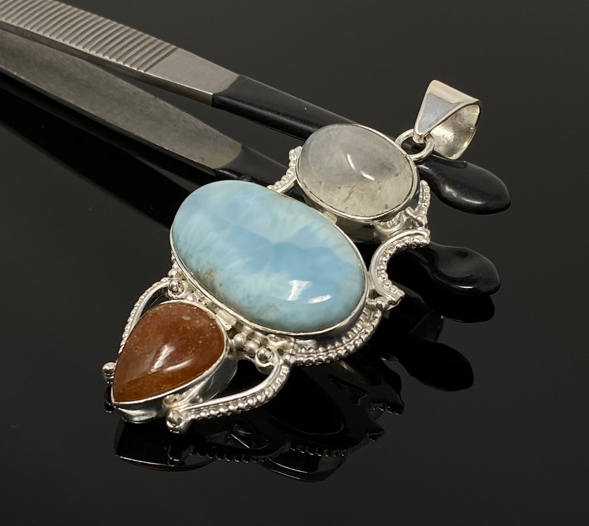 Larimar Gemstone Pendant with Aquamarine and Sunstone, Wire Wrapped Pendant, Silver Jewelry Gifts for Her, Bohemian Jewelry