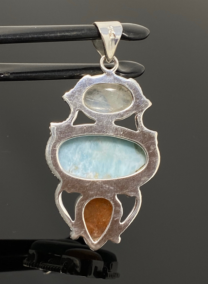 Larimar Gemstone Pendant with Aquamarine and Sunstone, Wire Wrapped Pendant, Silver Jewelry Gifts for Her, Bohemian Jewelry