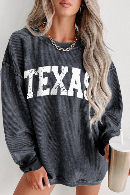 Texas Ribbed Knit Round Neck Pullover Sweatshirt