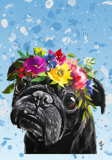 Pug Black - Hippie Hound Studios Summer Crown  House and Garden Flags