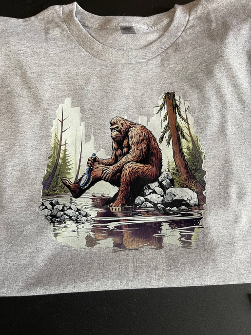 Bigfoot bathing in stream - grey t-shirt