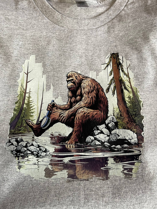 Bigfoot bathing in stream - grey t-shirt