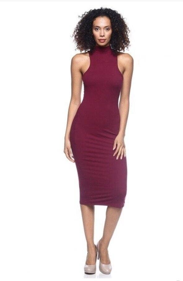 About Me Mock Neck Bodycon Midi Dress Burgundy