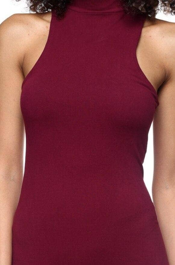 About Me Mock Neck Bodycon Midi Dress Burgundy