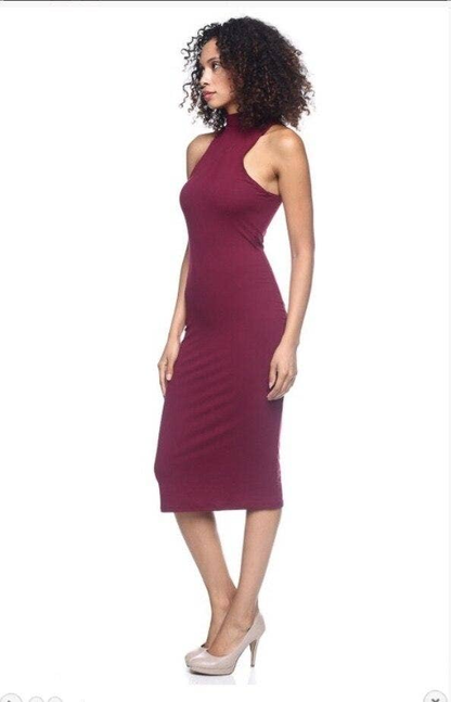 About Me Mock Neck Bodycon Midi Dress Burgundy