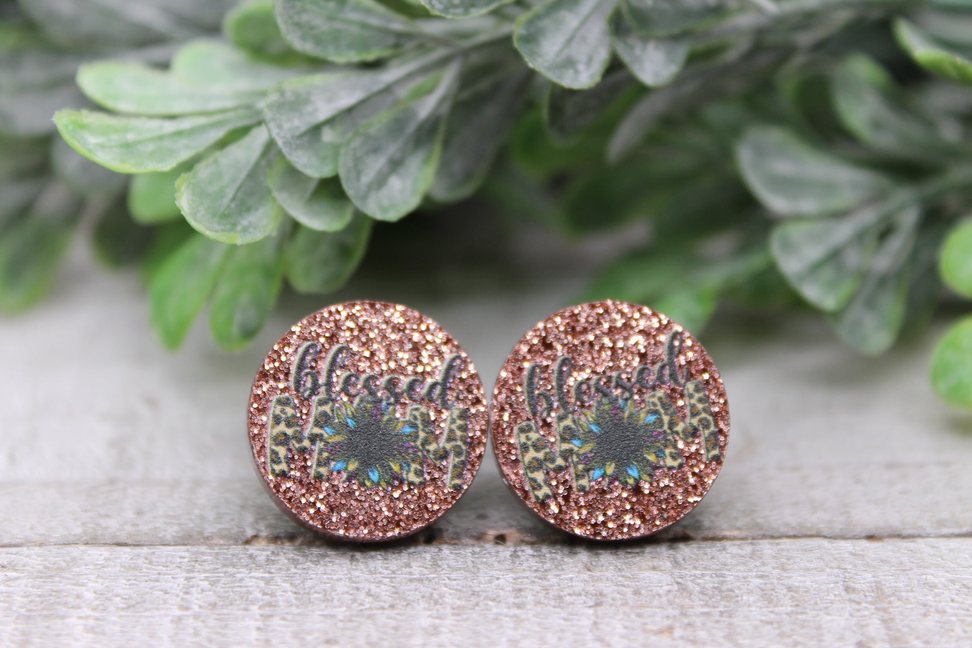 Blessed Mom Glitter Circle || 15mm Stud Earrings