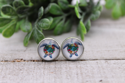 Floral Sea Turtle || 12mm Glass Stud Earrings