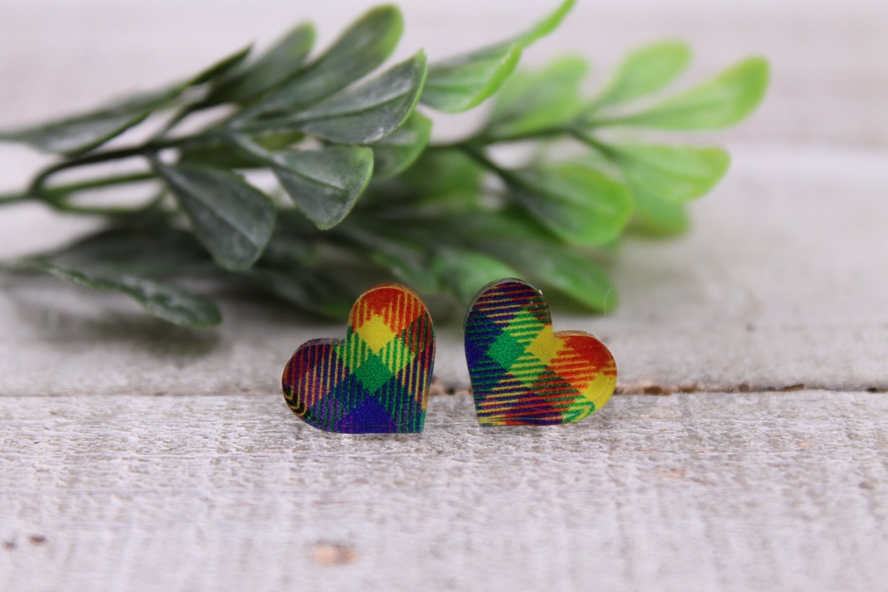 Colorful Plaid Hearts || 12mm Stud Earrings