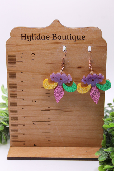 Floral Mardi Gras Fleur De Lis || Dangle Earrings