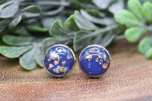 Blue & Gold Flake Dome || 12mm Stud Earrings