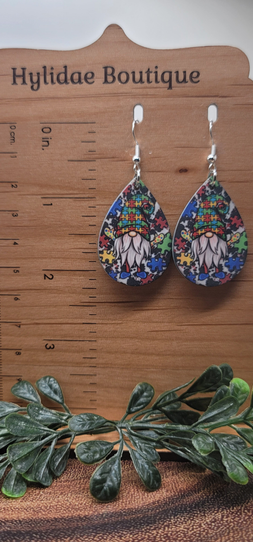 Autism Awareness Gnome 2 Teardrop Dangle Earrings