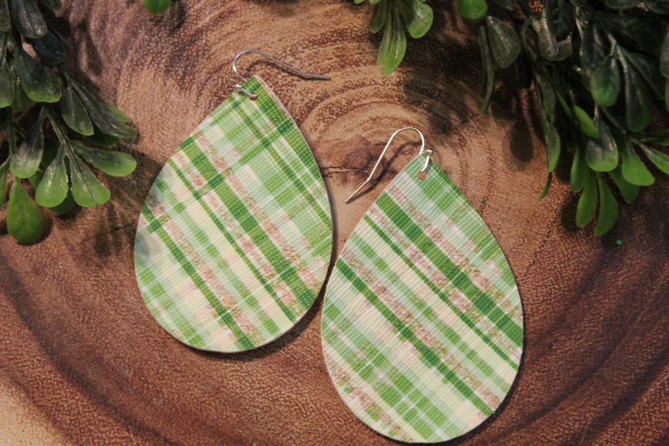 Green & Gold Plaid || Faux Leather Teardrop Dangle Earrings || Single-Sided