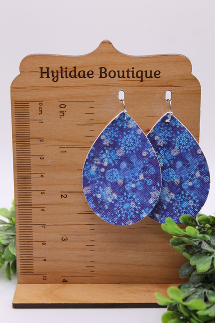 Blue Snowflakes || Faux Leather Teardrop Dangle Earrings || Single-Sided