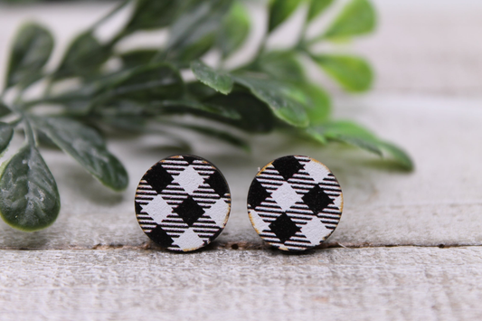 White Plaid Circle || 12mm Glass Stud Earrings