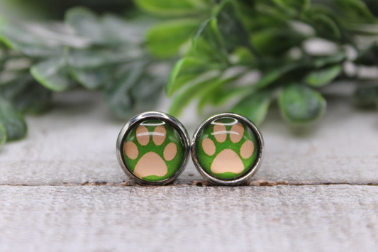 Paw Print on Green || **Mini** 10mm Stud Earrings