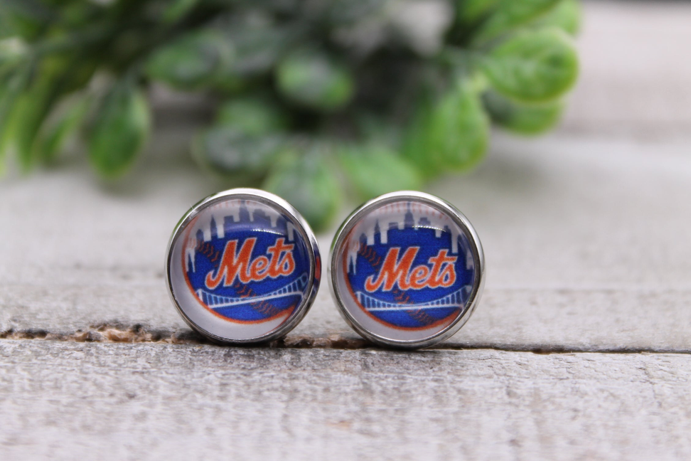 Mets Baseball || 12mm Glass Stud Earrings