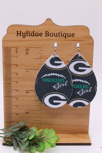 Packers Girl Football || Faux Leather Teardrop Dangle Earrings || Single-Sided