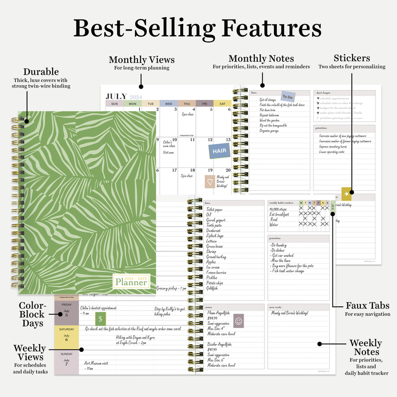 July 2024 - June 2025 Verde Fronds Medium Weekly Monthly Planner