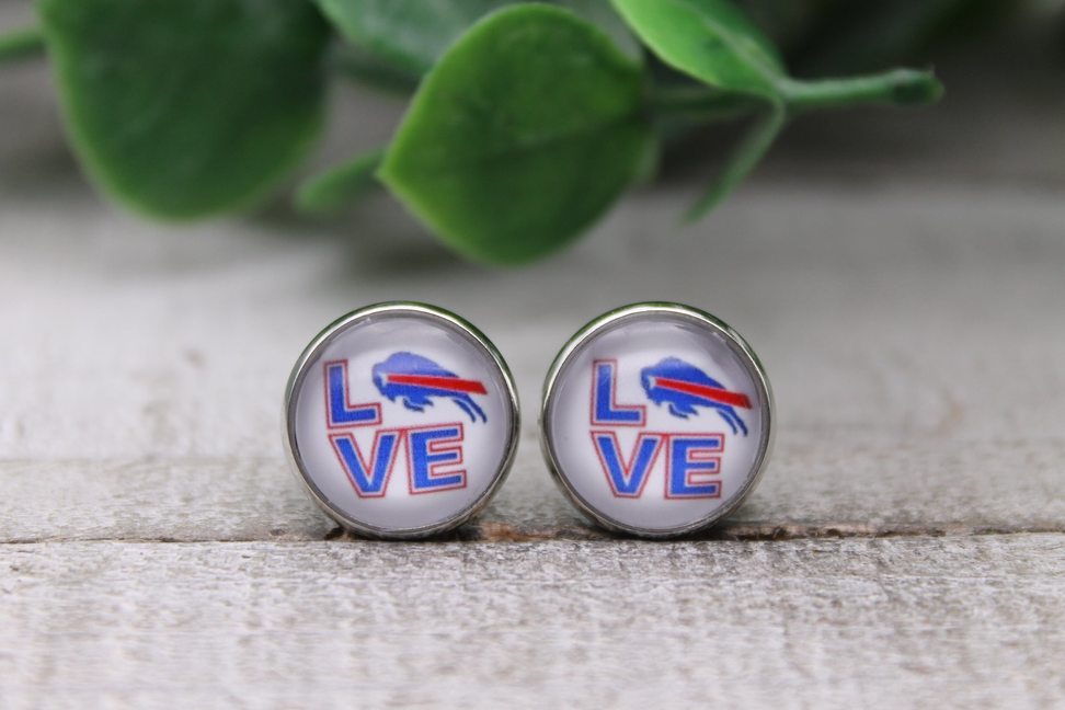 Bills Football - LOVE || 12mm Glass Stud Earrings