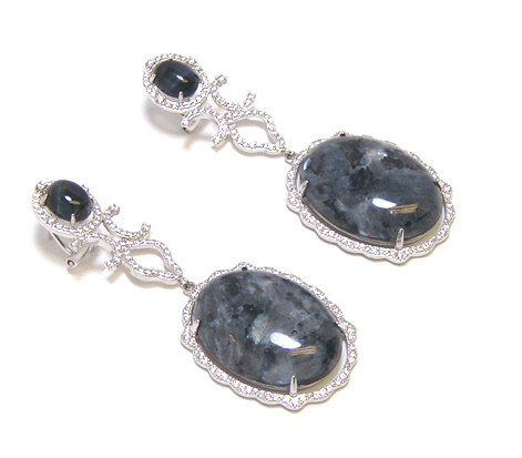 Labradorite & Black Obsidian Oval Shape Dangle Earrings, 925 Sterling Silver