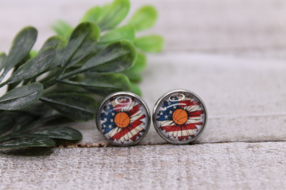 American Flag Sunflower - Basketball || 12mm Glass Stud Earrings