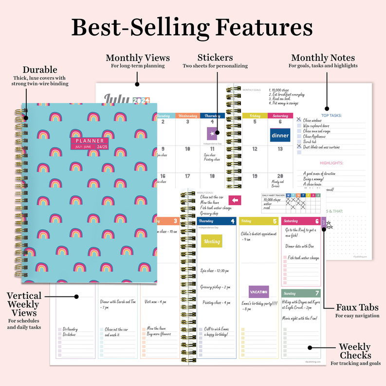 July 2024 - June 2025 Blue Sky Rainbows Medium Weekly Monthly Planner