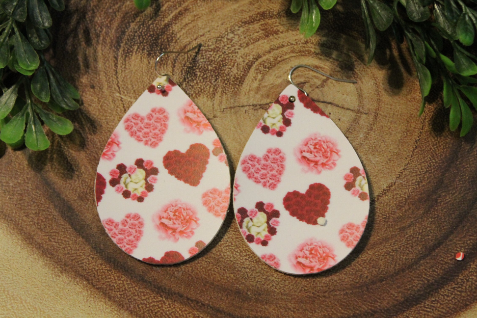 Rose Hearts on White || Faux Leather Teardrop Dangle Earrings || Single-Sided