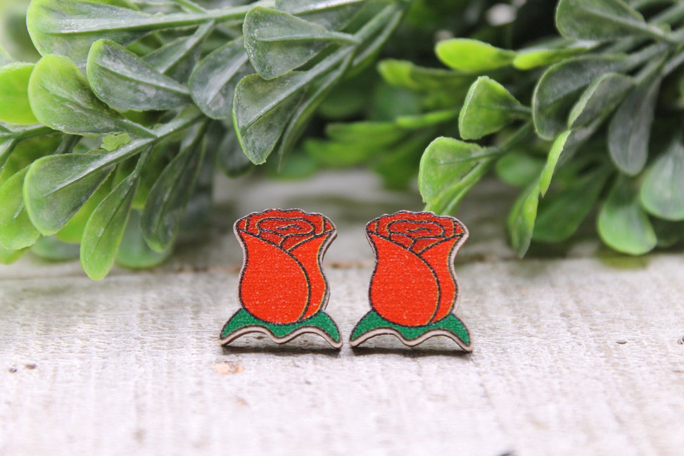 Red Rose - Wood Stud Earrings