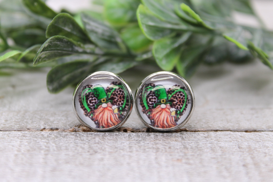 St. Patrick's Gnome on Leopard Heart Stud Earrings