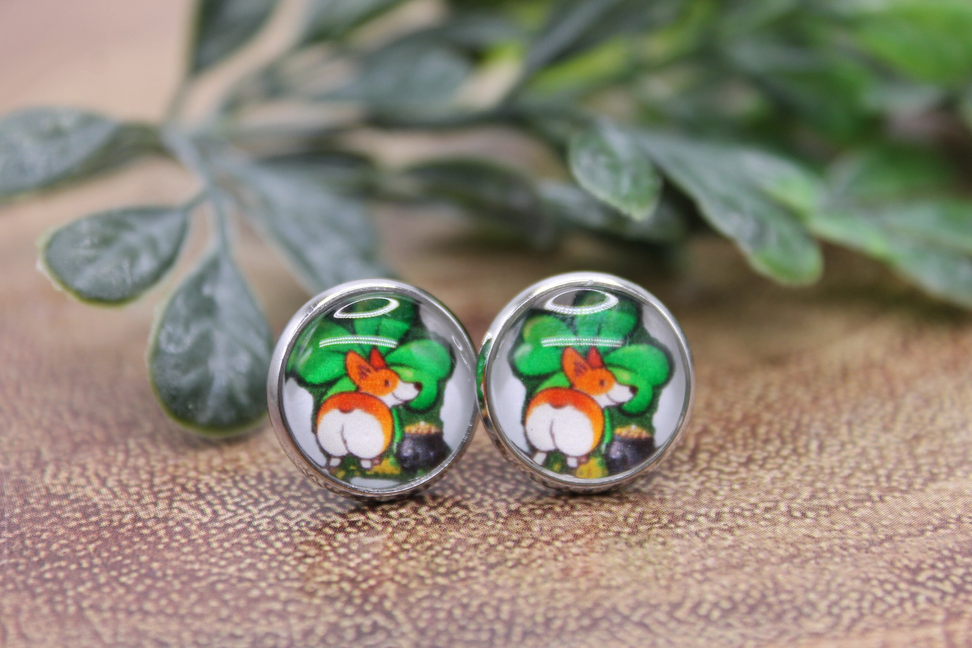 St. Patrick's Day Shamrock Corgi Stud Earrings