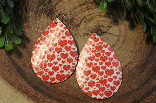 Tiny Red Hearts on White || Faux Leather Teardrop Dangle Earrings || Single-Sided