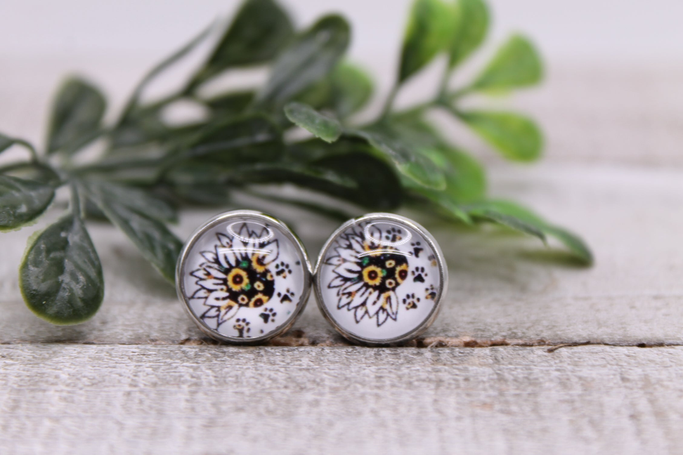 Sunflower with Paw Prints || 12mm Glass Stud Earrings