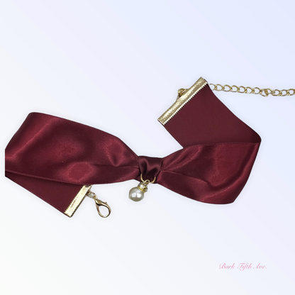 Burgundy Satin Bow & Pearl Necklace