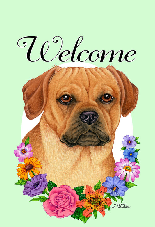 Puggle - Best of Breed Welcome Flowers Garden Flag