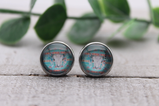 Feathered Steer Skull || Glass Stud Earrings || Hypoallergenic