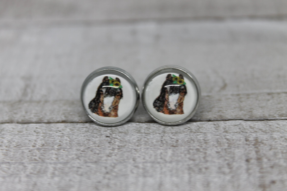 Sunflower Crown Horse  Glass Stud Earrings