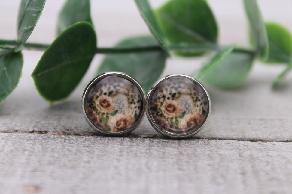 Sunflowers & Leopard || Glass Stud Earrings || Hypoallergenic