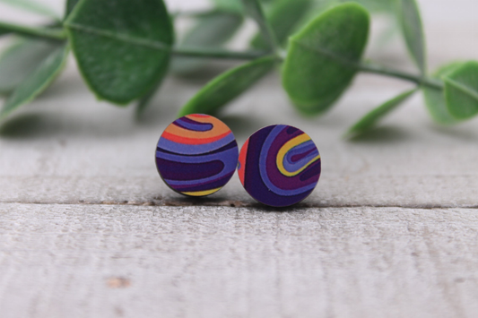 Marble Swirl Circles Wood Stud Earrings