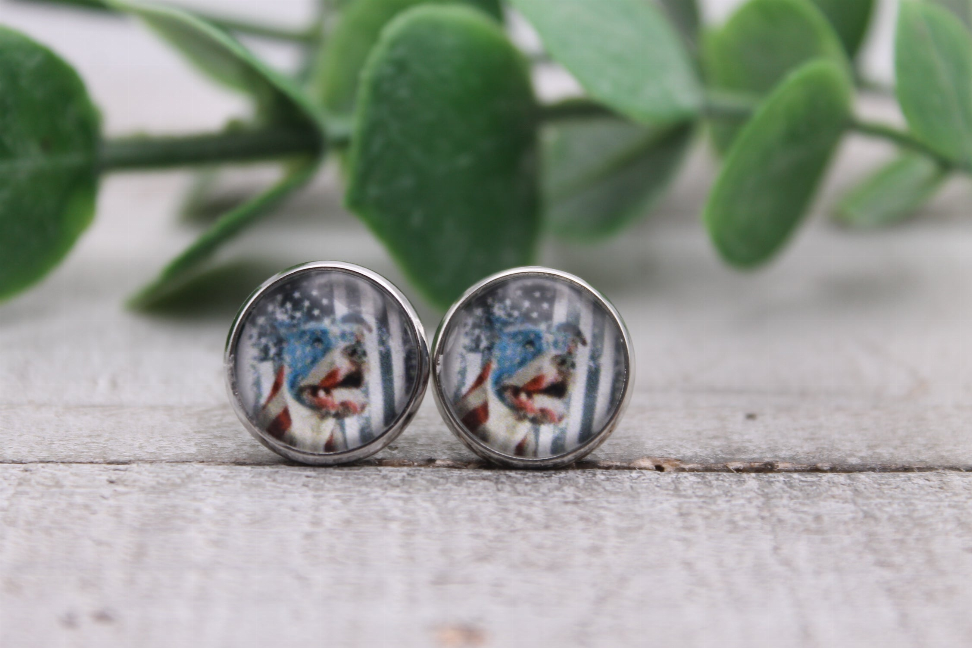 Pitbull & Flag || Glass Stud Earrings || Hypoallergenic