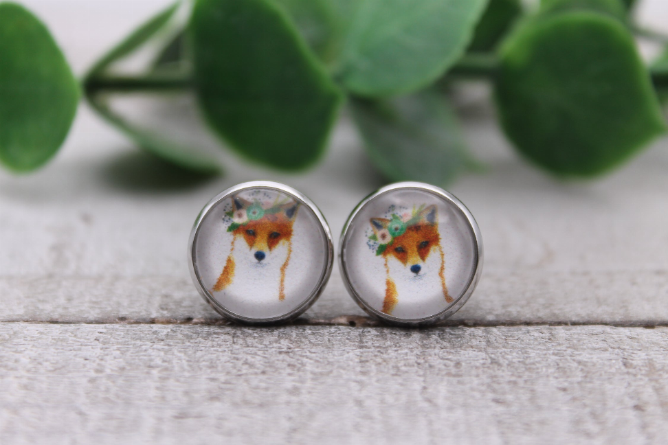 Floral Crown Fox || Glass Stud Earrings || Hypoallergenic