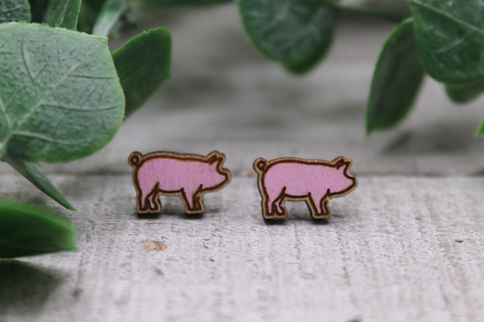 Pig Wood Stud Earrings *Hand Painted*