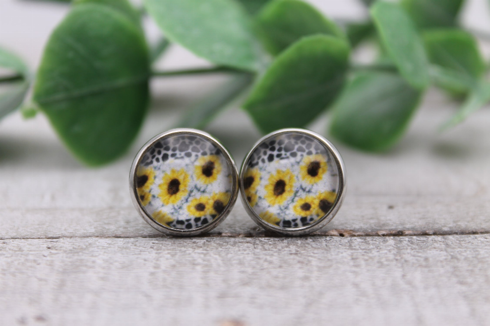 Sunflowers & Leopard Brushstrokes || Glass Stud Earrings || Hypoallergenic