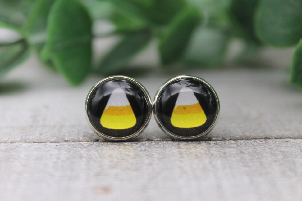 Candy Corn on Black | Glass Stud Earrings | Hypoallergenic