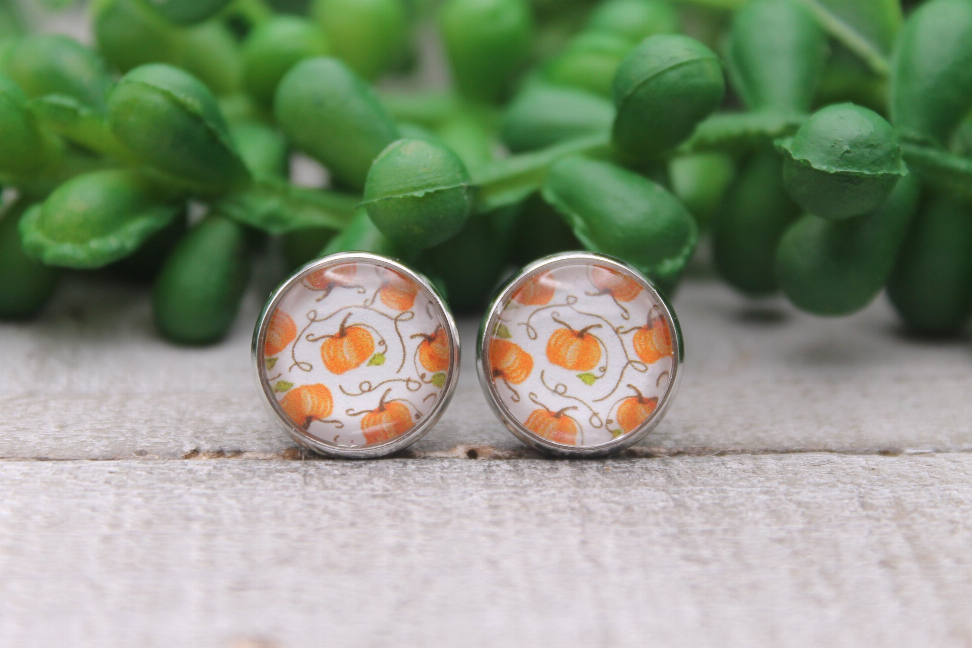 Pumpkins on White || Glass Stud Earrings || Hypoallergenic