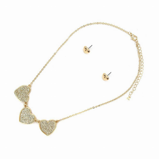 TRIO GLITTER HEART CHARM EARINGS AND NECKLACE SET